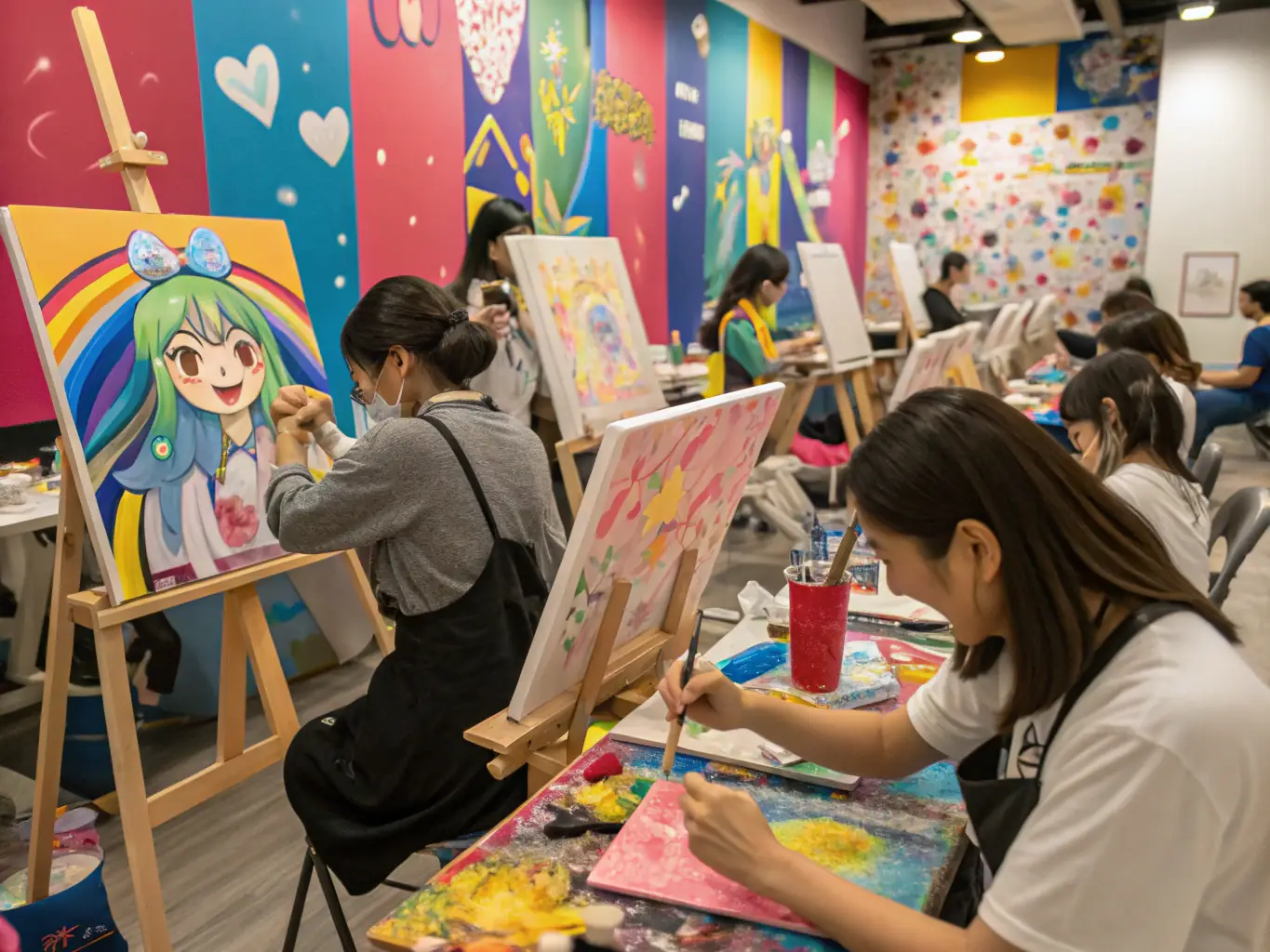 A group of artists participating in a community art workshop at LES GRANGES A GASTON, demonstrating the organization's commitment to public engagement and cultural enrichment.