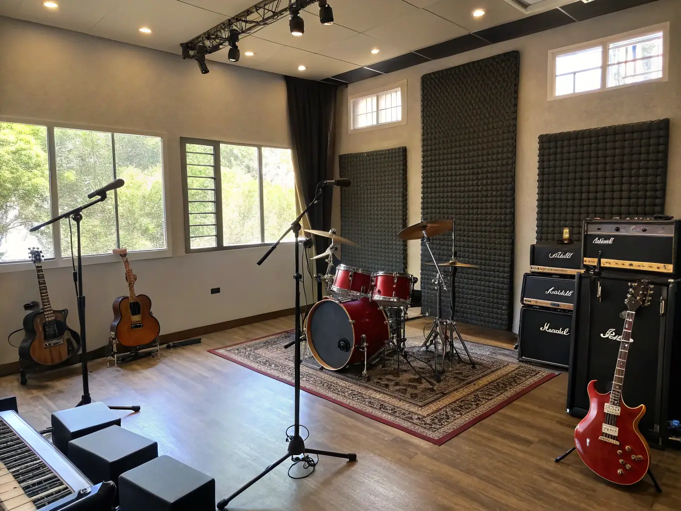A brightly lit, spacious rehearsal space at LES GRANGES A GASTON, equipped with various musical instruments and art supplies, ready for artists to use.