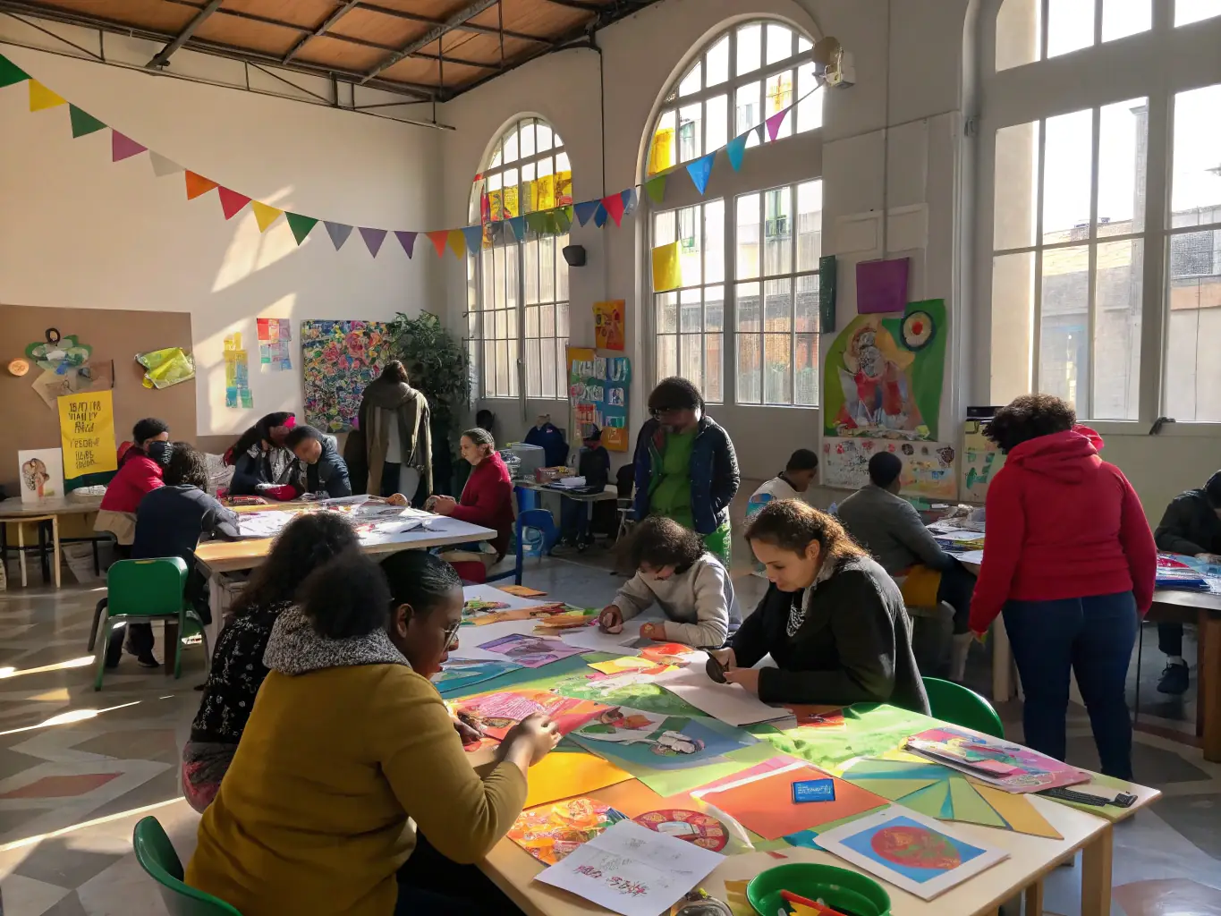 A photograph of a community art workshop in progress, with participants of all ages engaged in a hands-on creative activity.