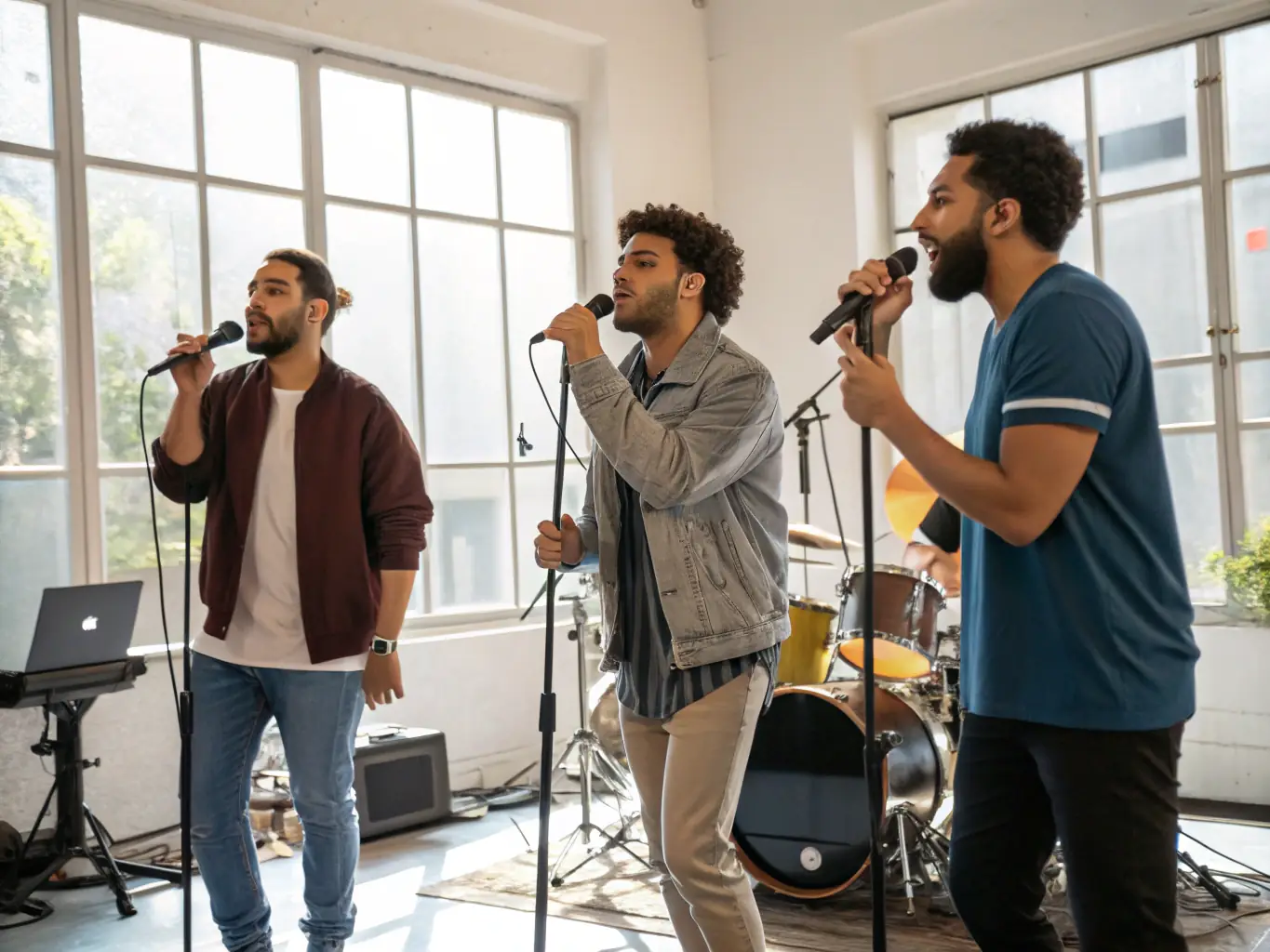 A photograph of artists deeply engaged in a collaborative rehearsal session within a spacious studio at LES GRANGES A GASTON, showcasing the dynamic and supportive environment.