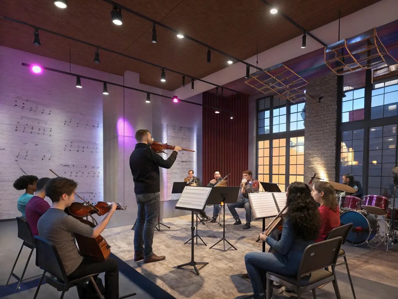 A vibrant image of artists collaborating in a rehearsal space at LES GRANGES A GASTON, showcasing the dynamic interaction and creative energy.